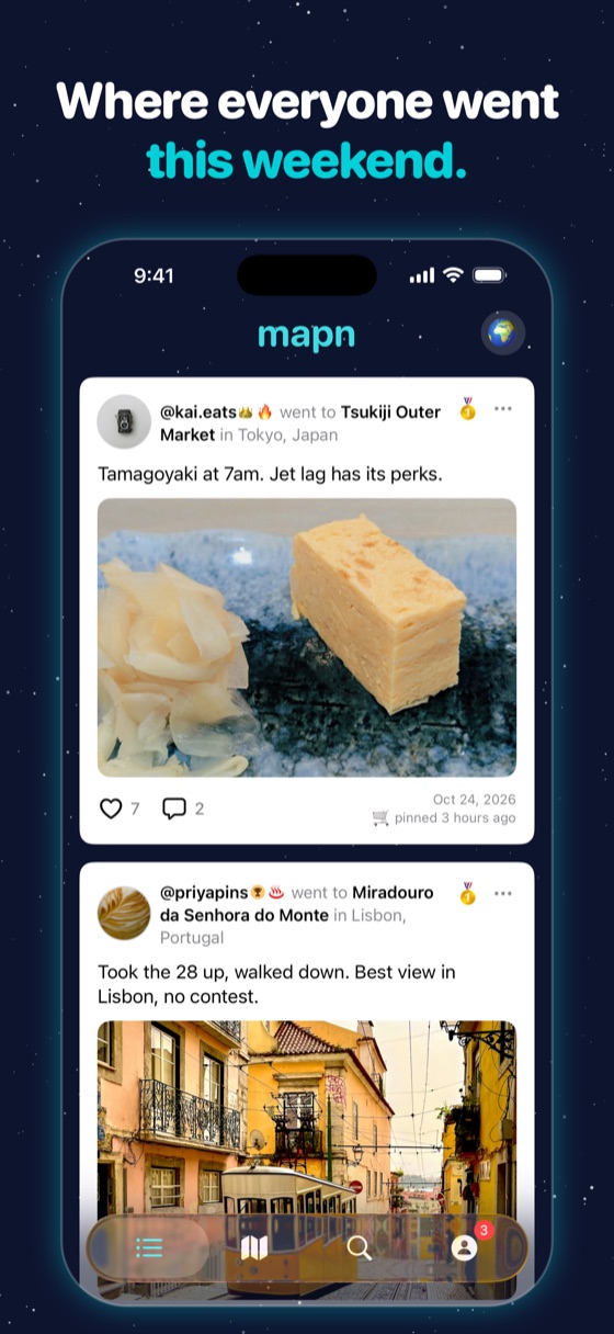 “Where everyone went this weekend.” A feed of friends' pins, with their photos and comments