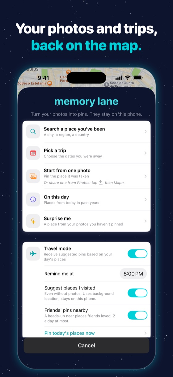 “Your photos and trips, back on the map.” Memory Lane's ways to find places you've been, and travel mode