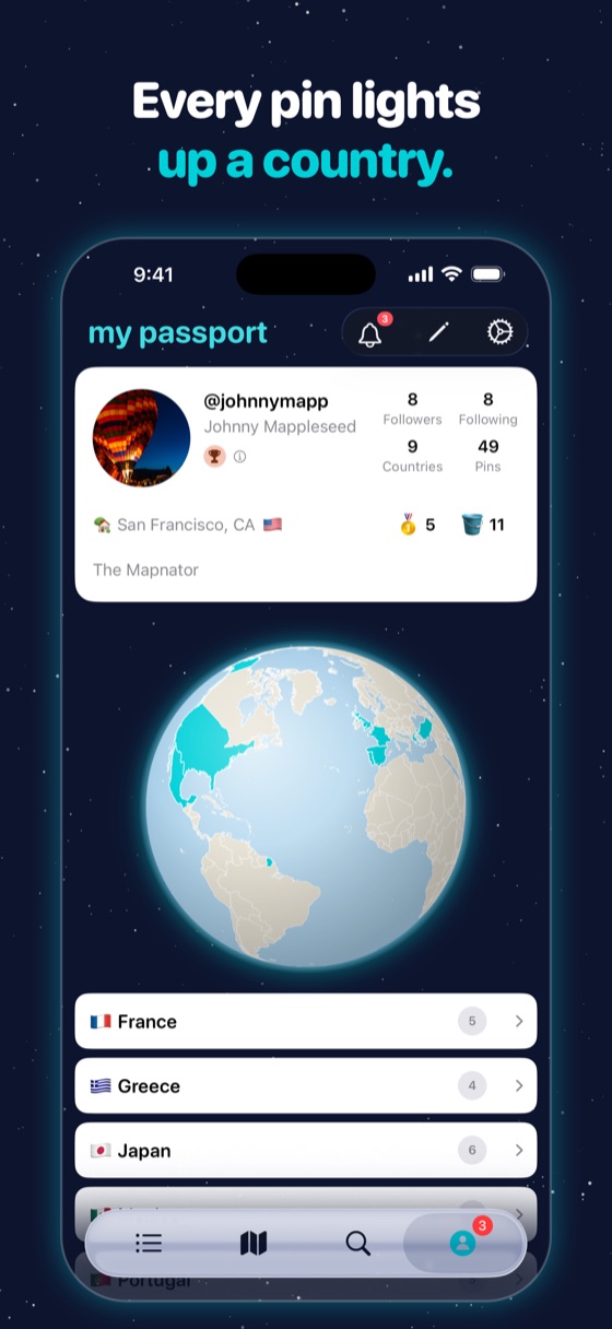 “Every pin lights up a country.” A profile's passport: a globe with every visited country lit, above a list of countries