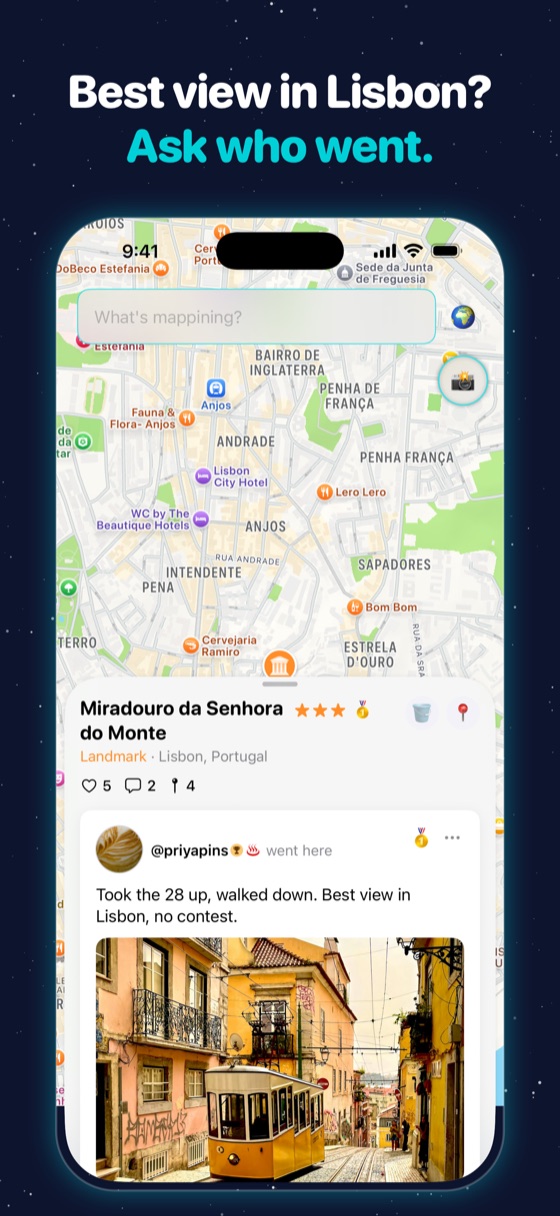 “Best view in Lisbon? Ask who went.” A Lisbon lookout with three stars and a gold medal, and a friend's pin with a photo