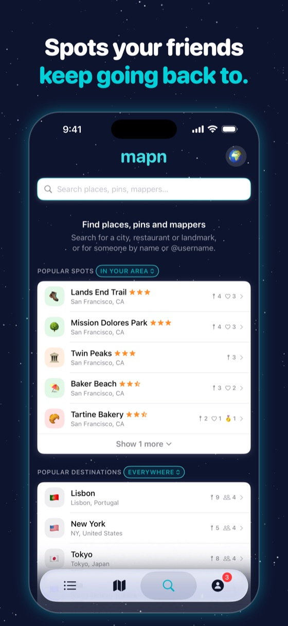 “Spots your friends keep going back to.” Popular spots near San Francisco, with their pins, likes and medals